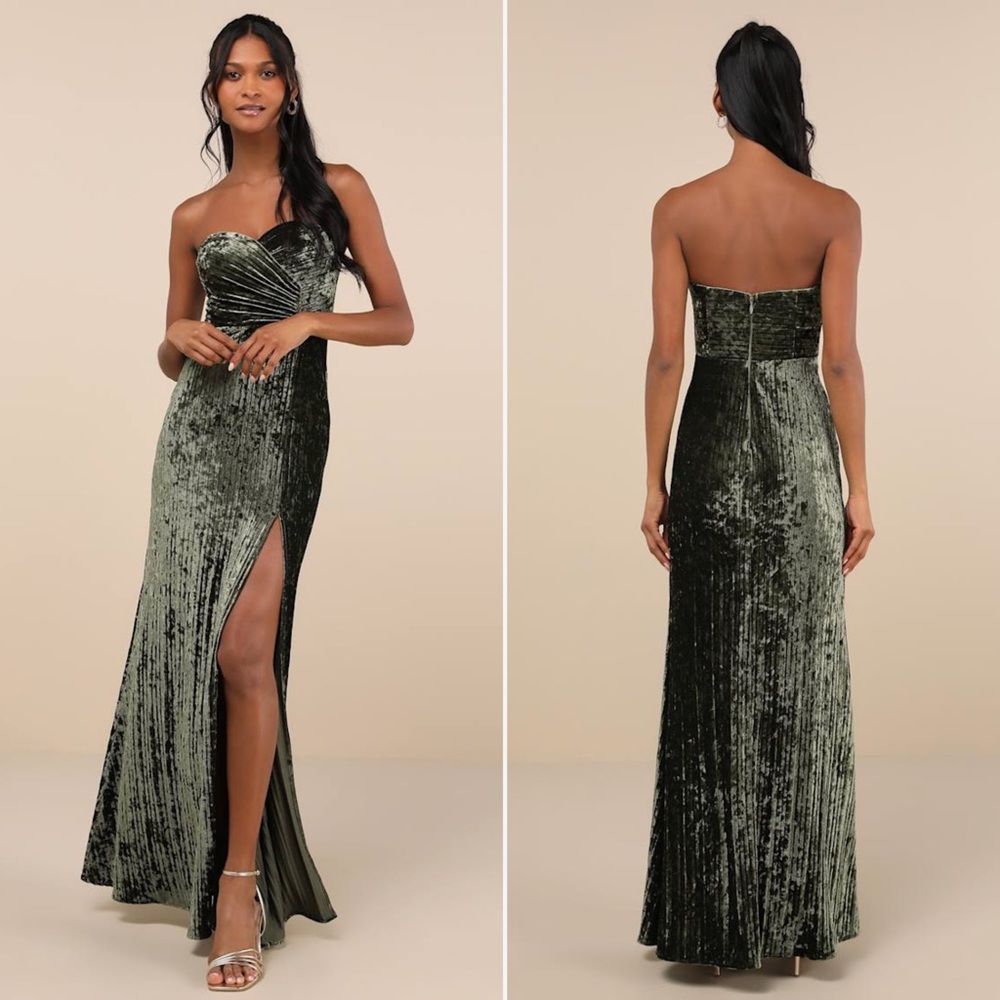 NWT | Lulus | Classy Sensation Olive Velvet Pleated Strapless Maxi Dress | Sz M